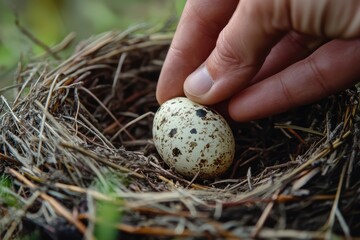 Obraz premium Hand gently lifting delicate quail egg from nest, soft feathers and straw visible