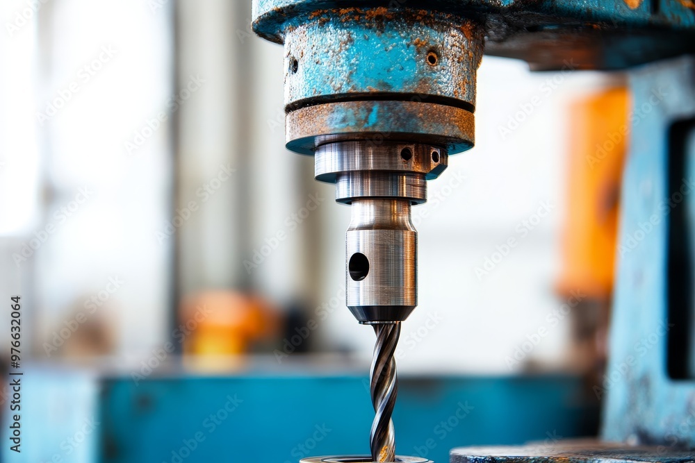 Aufkleber closeup of a drilling machine in a factory, showcasing the drill bit and its precision mechanism. th