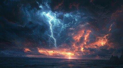 Naklejka premium Atmosphere charged with the force of a storm, thunder rolling as lightning strikes illuminate the sky