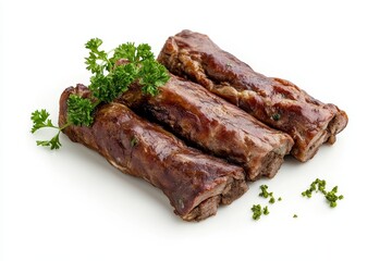 Close-up of three perfectly cooked German Rouladen, showcasing the traditional rolled meat with savory filling. Each roll is nestled on a white background with fresh parsley sprigs and scattered herbs