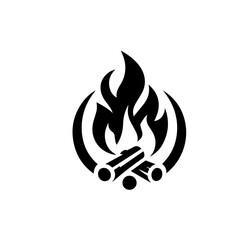 Campfire Icon – Simple Black Flame with Wood Logs