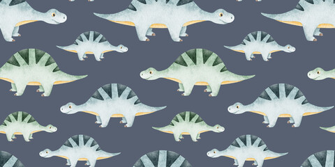 Herd of Cute blue sauropod dinosaurs. Childish background with dinos. Watercolor seamless patterns for design kid's rooms, scrapbook, clothes, textile © Fedulova_art