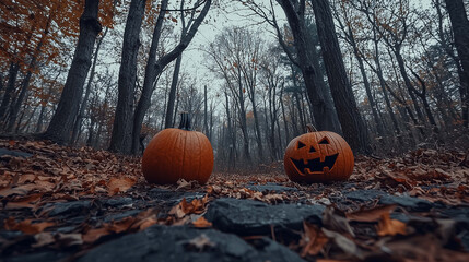 Haunted Harvest, A Spooky Pumpkin Patch Set Against the Ominous Gloom of a Dark Forest