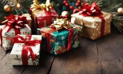 Fototapeta premium Christmas presents gift box background with copy space, christmas concept