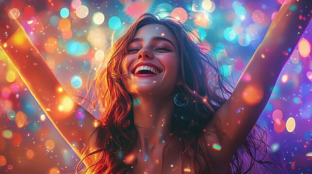 A cheerful woman celebrating at a dynamic party, her joyful expression and lively movements captured amidst a backdrop of vibrant colors and dazzling lights. The festive atmosphere radiates with
