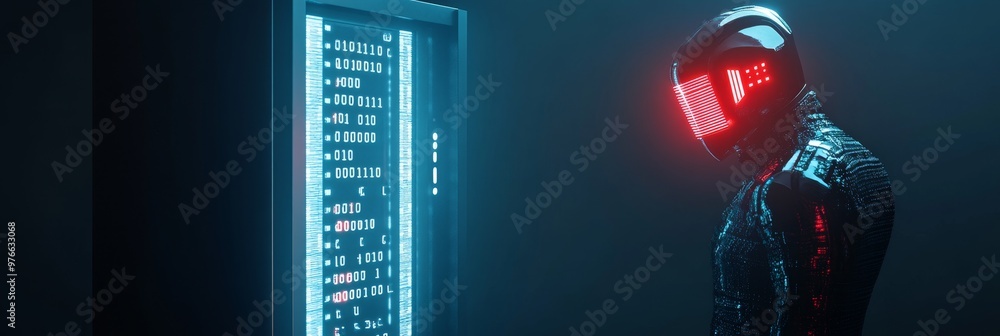 Poster cybernetic interface: a futuristic robot interacts with a digital server, symbolizing technology, da