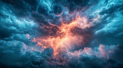 Bright lightning bolt cutting through stormy clouds, the energy of the storm creating a dramatic scene