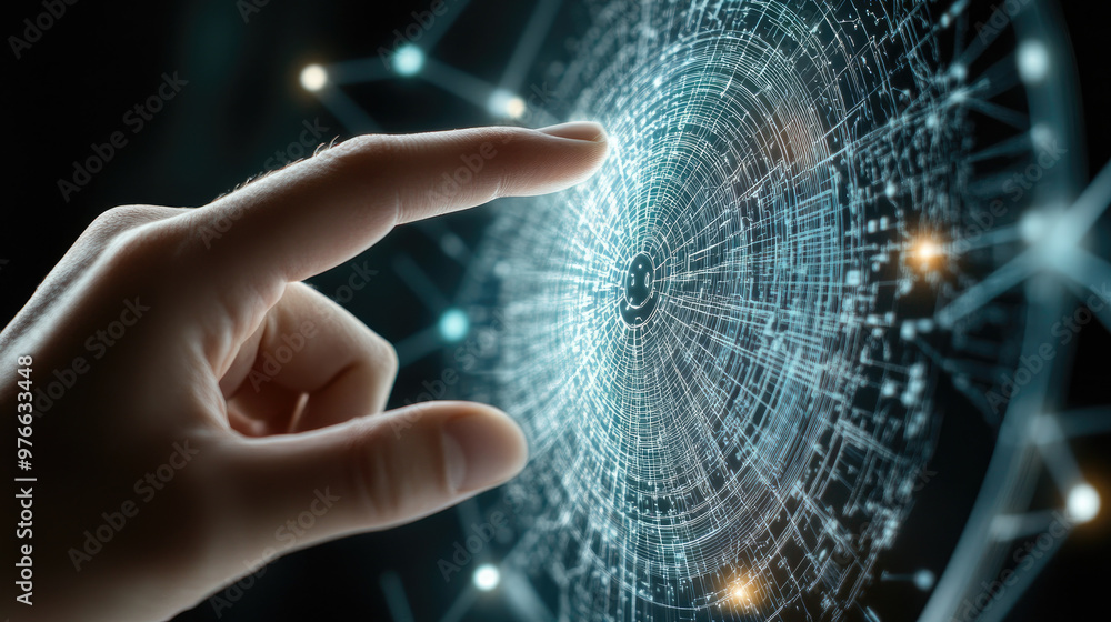 Poster a close up of hand touching holographic net, showcasing intricate digital patterns and glowing conne
