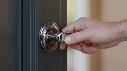 Close-up of a hand opening a door handle, focusing on the fingers gripping the handle as the door begins to move