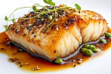 Delicious miso-glazed cod with sesame seeds and pea shoots, a perfect combination of flavors and textures for a healthy and satisfying meal.