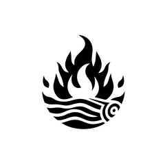 Campfire Icon – Simple Black Flame with Wood Logs