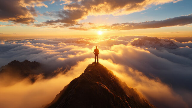 A person standing on mountaintop at dawn, surrounded by clouds, captures beauty of nature and thrill of adventure. sunrise creates stunning backdrop, evoking feelings of peace and inspiration