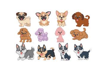 Fototapeta premium vector illustration set featuring playful puppies of different breeds 