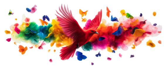 A vivid red bird soars through a colorful splash of paint and petals, symbolizing freedom and creativity in a bright composition.