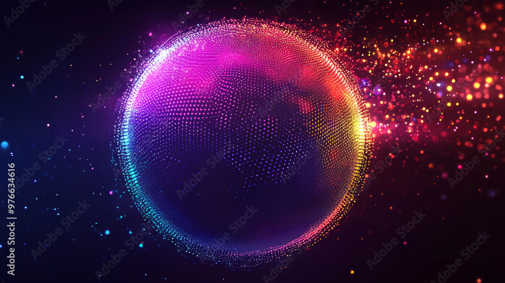 Poster abstract vibrant particle sphere. bright dot background. futuristic hud design. array of points. sph