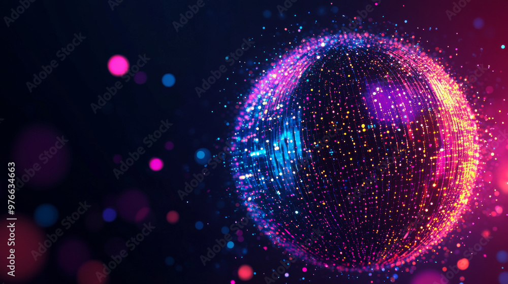 Poster abstract vibrant particle sphere. bright dot background. futuristic hud design. array of points. sph