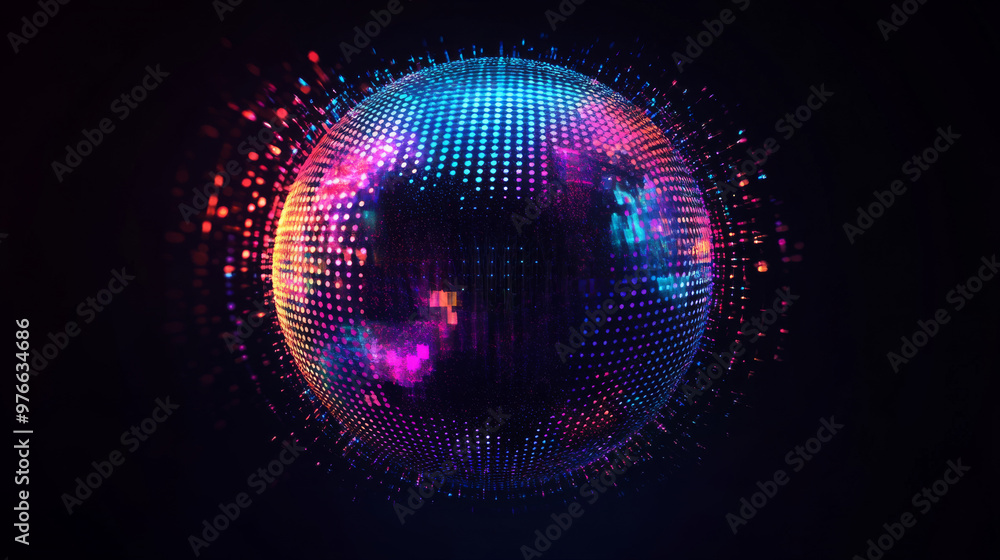 Poster abstract vibrant particle sphere. bright dot background. futuristic hud design. array of points. sph