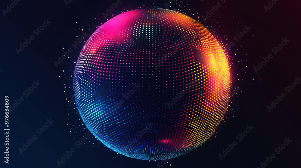 Poster abstract vibrant particle sphere. bright dot background. futuristic hud design. array of points. sph