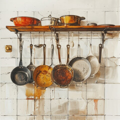 A rustic kitchen scene featuring white tiled cupboard adorned with various pots and pans hanging from wooden shelf. warm colors and textures evoke sense of nostalgia and home cooking