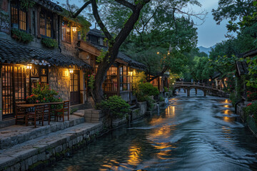 Fototapeta premium Old style buildings and rivers in ancient Chinese towns