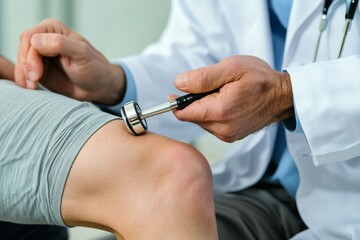 Detailed shot of a doctor s hand applying a reflex hammer to a patient s knee