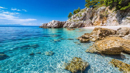 Obraz premium Rocky Beach with Crystal Clear Water for Coastal Wallpaper