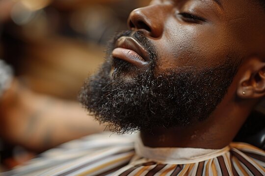 Close-up of black man in barbershop, sharp focus on beard.