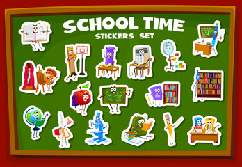 School education and stationery cartoon stickers pack of student supplies characters, vector icons. School stickers of funny ruler and pen, book and textbook, calculator and chalkboard with happy face