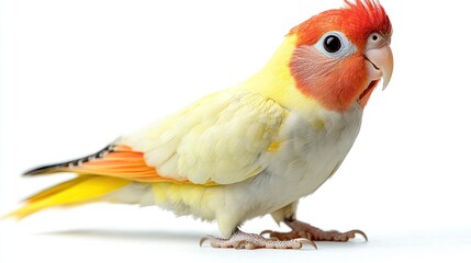 Fototapeta premium A colorful parrot with vibrant feathers standing on a white background.