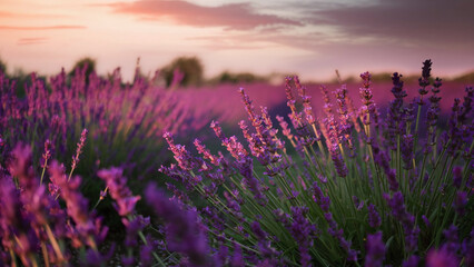 Fototapeta premium Sunset over lavender fields, golden hour lighting and rows of purple flowers, tranquil and scenic