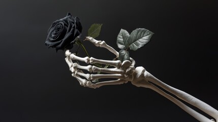 Skeleton Hand Holding Black Rose