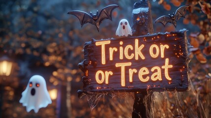 Spooky Halloween Trick or Treat Sign with Ghosts and Bats