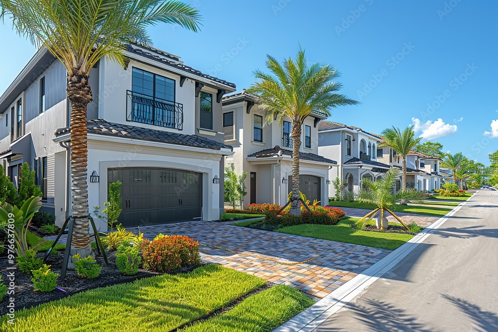 Poster a row of houses with palm trees in front of them