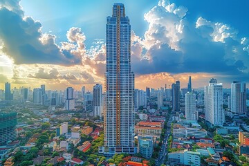 Obraz premium A city skyline with a tall building in the center