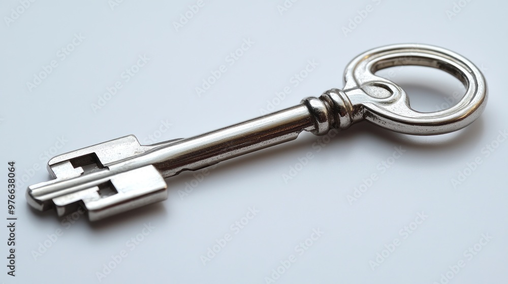 Poster a metallic key with a decorative handle and intricate design.