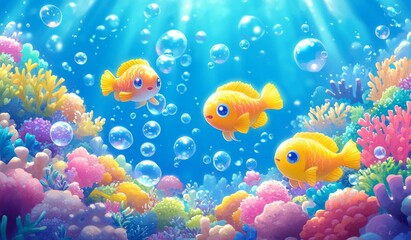 Fototapeta premium Enchanting Underwater World With Three Goldfish Amid Vibrant Coral Reefs and Bubbles