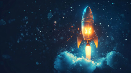 Digital light bulb symbolizing a rocket launch into space, representing technology innovation or startup concepts. Captures the moment of a space shuttle launch as a metaphor for starting a successful