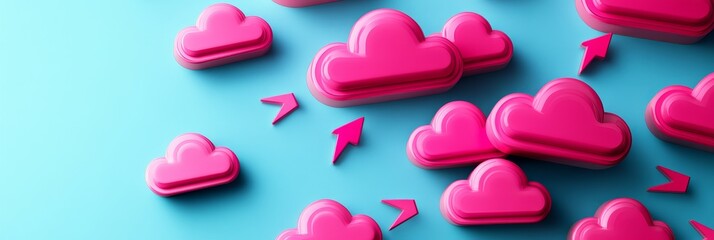 Pink cloud icons with downward arrows symbolizing data storage, cloud computing, download, online storage, and digital technology.