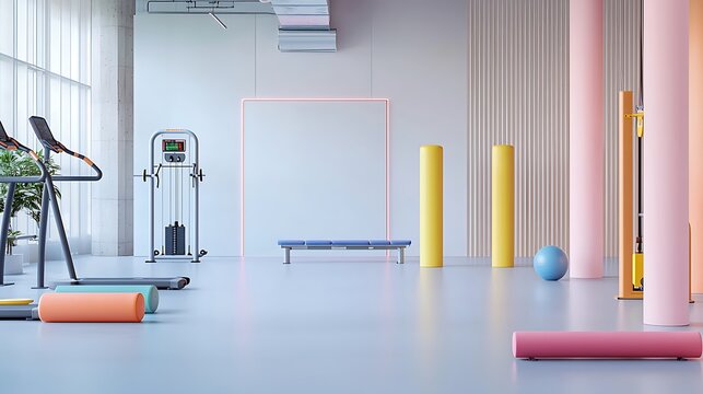 A modern gym with interactive digital fitness equipment and neon-infused workout stations promoting physical fitness