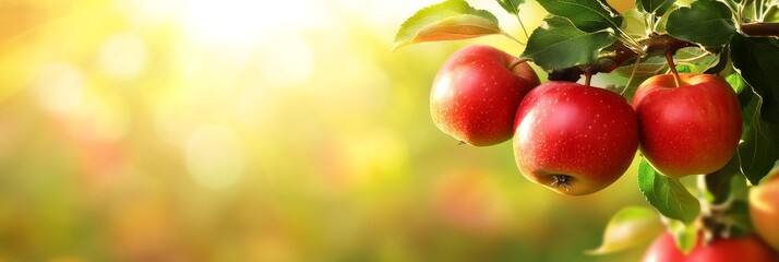 Obraz premium Ripe red apples hanging on a branch with sun shining, showcasing a bountiful harvest and the sweetness of nature. The apples symbolize health, knowledge, and abundance, while the sun represents warmth