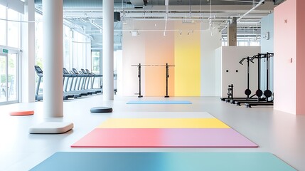 A modern gym with interactive digital fitness equipment and neon-infused workout stations promoting physical fitness