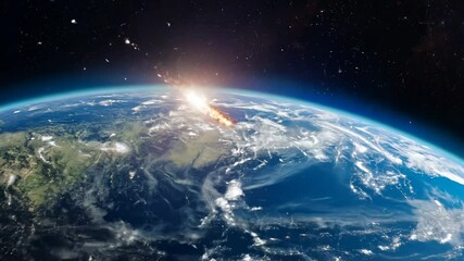 A powerful scene of an asteroid entering Earth's atmosphere, causing a bright explosion on the planet's surface, viewed from space.
 - Powered by Adobe