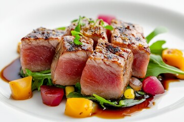 Seared Ahi Tuna with Fresh Salad and Glaze, a delectable seafood dish with a savory glaze, fresh greens, and vibrant vegetables.