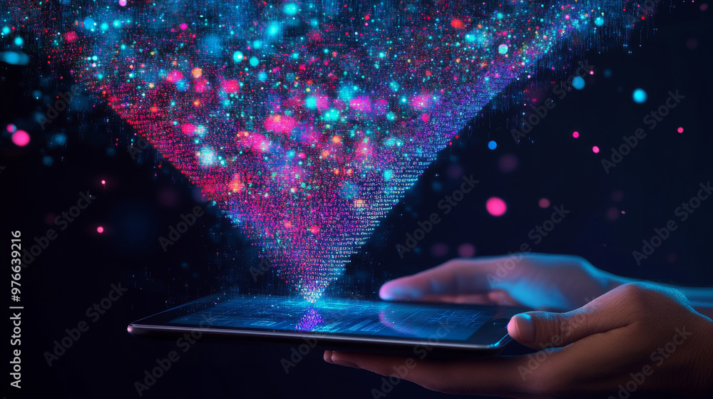 Poster digital sales funnel on a tablet screen held by hands, showcasing a big data concept. features abstr
