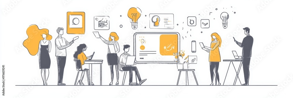 Aufkleber team brainstorming mobile app development ideas, business people collaborate on a mobile app design,
