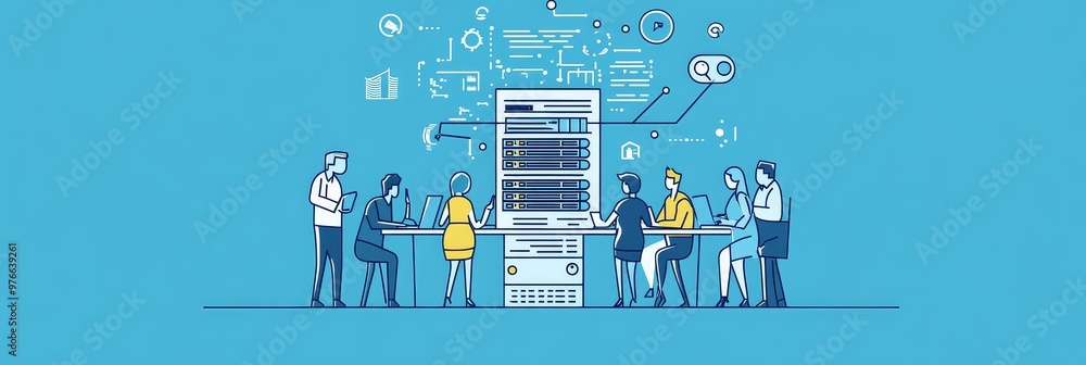 Aufkleber team collaboration around data and technology. business people gathered around a table to discuss da