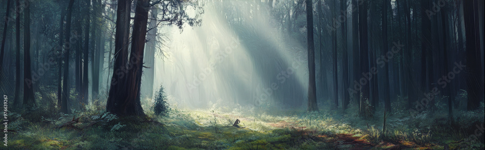 Poster sunbeams pierce through the dense mist of a lush forest, illuminating a path through the towering tr