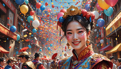 Portrait of woman wearing colorful traditional costume at Asian street festival parade