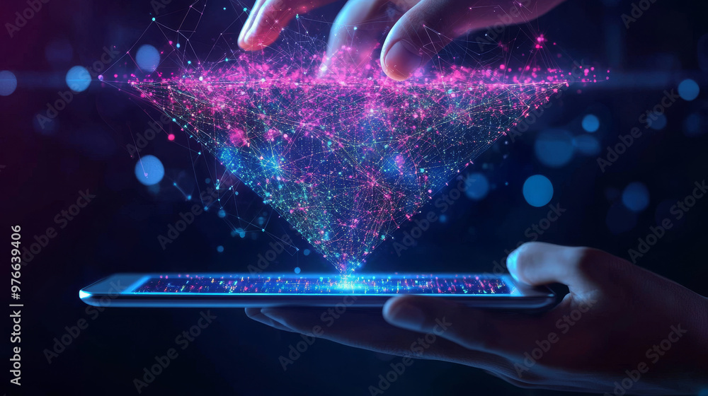 Poster digital sales funnel on a tablet screen held by hands, showcasing a big data concept. features abstr