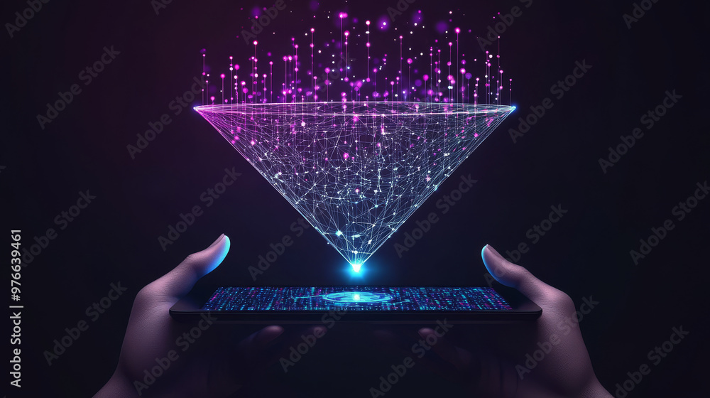 Poster digital sales funnel on a tablet screen held by hands, showcasing a big data concept. features abstr